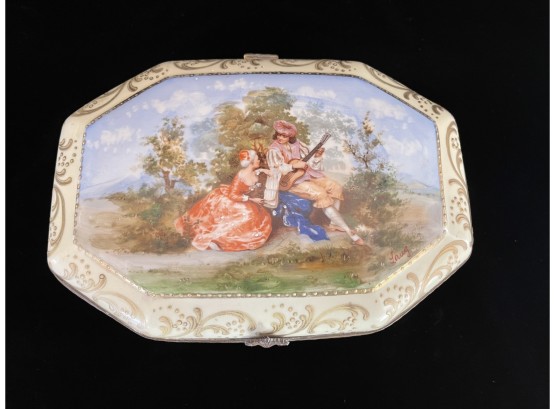 Antique HJB Czechoslovakia Bohemian Signed Porcelain Hand Painted Box With Brass Edge