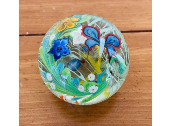 Glass Art Paper Weight With Flowers & Butterfly  By Peter Moore