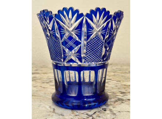 Heavy Cut Glass Blue To Clear Vase