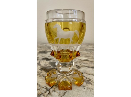 Fantastic Antique Cut Glass Amber To Clear Goblet With Etched Horse & Heart Base