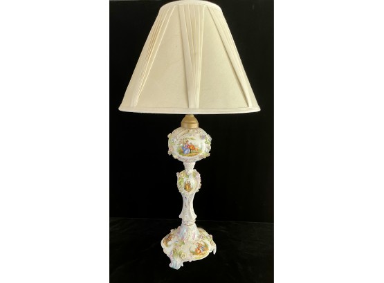 Ornate Vintage European Porcelain Table Lamp With 18th Century Style Figures