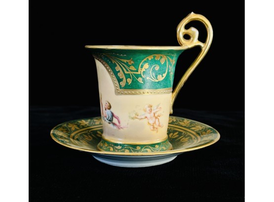 Antique Green Porcelain Austrian Demitasse Cup And Saucer