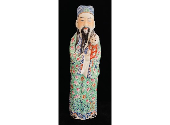 Asian Porcelain Man Figure With Child And Green Robe