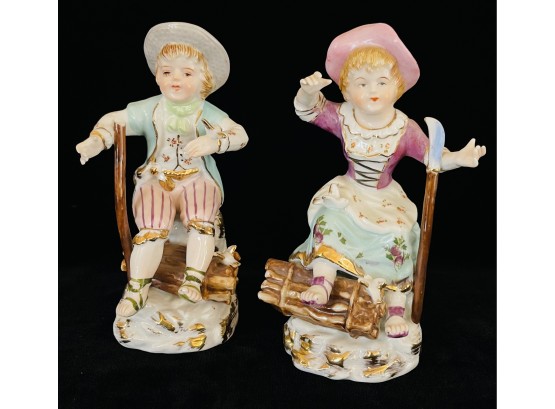 Pair Of Antique Porcelain Boy & Girl Figurines- German