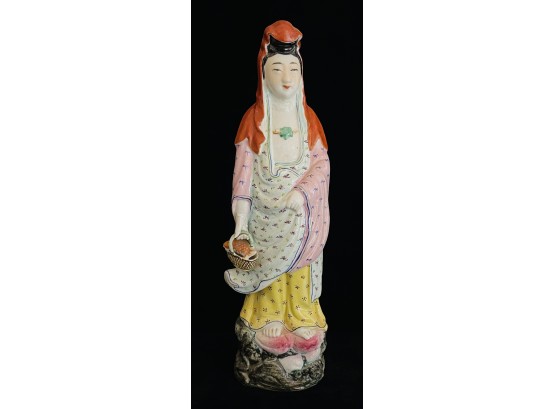 Chinese Porcelain Statue With Fish In Basket & Red Head Covering