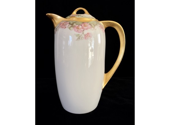 Bavarian Porcelain Chocolat Pot With Hand Painted Gold Handle With Flowers