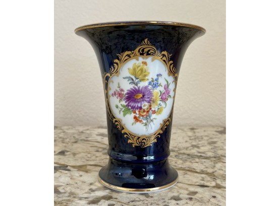 Porcelain Cobalt Blue Vase With Flowers- Marked