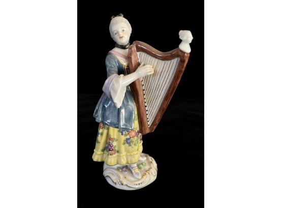 Wonderful Antique German Meissen Lady With Harp Porcelain Figurine