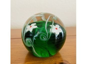 Glass Art Green Paper Weight With Flowers Signed Peter Moore- 1980