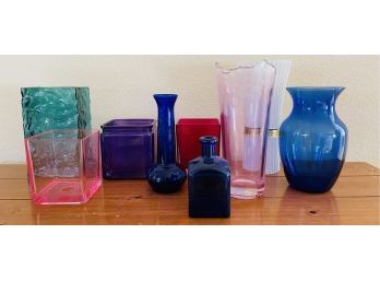 9 Piece Vase Lot W/ Pink Etched Glass