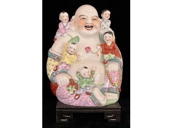Large Chinese Porcelain Seated Buddha With Children On Wood Base