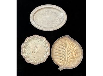 3 Silver Plate Platters W/ Leaf Design