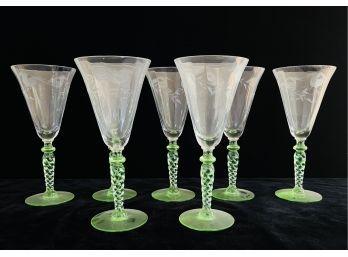 7 Vintage Etched Glass Wine Goblets With Green Stems
