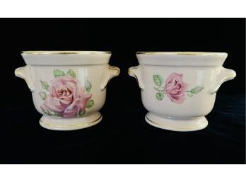 2 Vintage Pink Ceramic Planters W/ Rose Detail