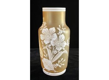 Vintage Frosted Amber Glass Vase With White Flowers