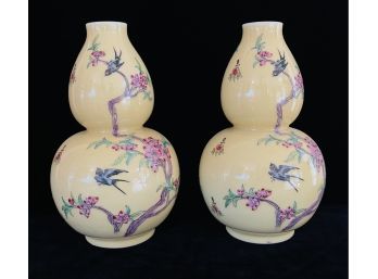 Beautiful Pair Of Yellow Chinese Vases With Hand Painted Flowers And Birds