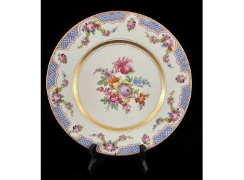 Antique Dresden Decorative Floral Plate With Blue Edge