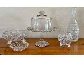 5 Piece Cut Crystal Lot W/ 11' Decanter & Pressed Glass Table Stand
