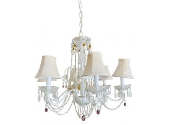 Crystal Six Arm And White Metal Chandelier W/ Glass Drops