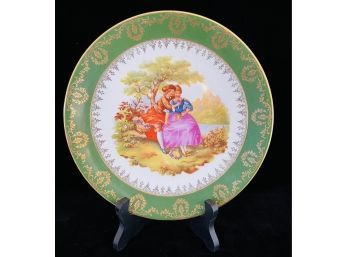 Signed Vintage Limoges Decorative Porcelain Plate- Couple With Flower Basket /Green Edge