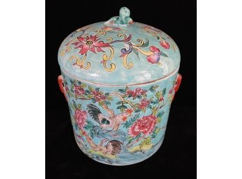 Lovely Turquoise Color Lidded Chinese Jar With Roosters & Flora