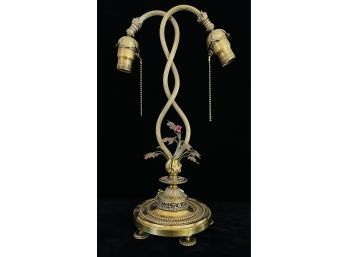 Vintage Solid Brass 2 Socket Lamp With Delicate Leaves & Porcelain Roses