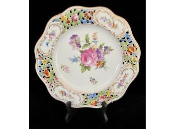 Antique Dresden Cut Work Floral Plate With Roses