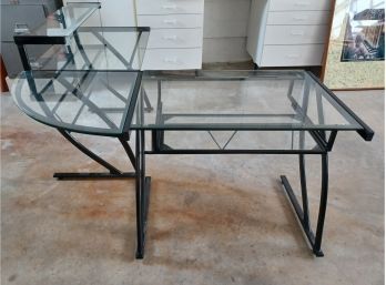 Glass- Metal Computer Table With Slide Out Keyboard Shelf Corner Section And Desk
