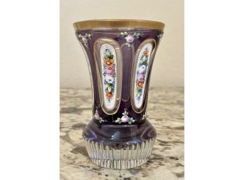 Antique Cut Glass Clear To Purple Vase With Painted Flowers & Gold Edge