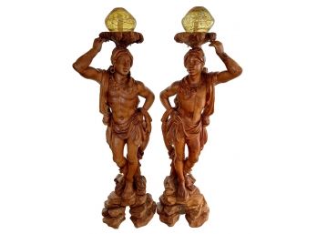 Carved Wood Nubian Statues/floor Lamps With Blown Glass Shades 70'H