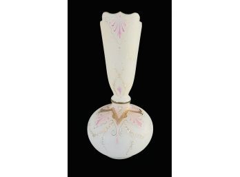 Antique White Frosted Glass Vase W/ Gold & Pink Accents