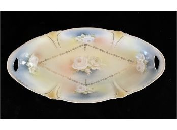 Antique Oval Porcelain Dish With White Flowers & Gray Blue Accents