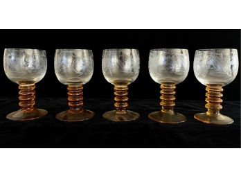 5 Cut Glass With Ribbed Amber Stem Wine Goblets