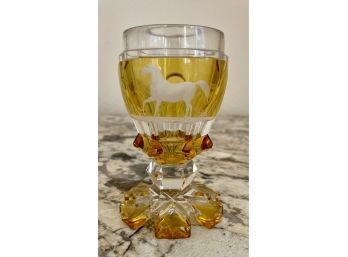 Fantastic Antique Cut Glass Amber To Clear Goblet With Etched Horse & Heart Base