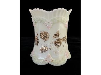 Northwood Ivory Opaque Glass Antique Vase W/ Gold Flowers