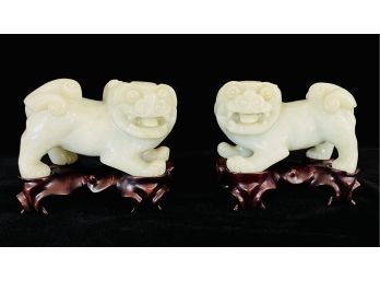 Amazing Genuine Carved Green Jade Foo Dog Figures With Wood Bases And Box