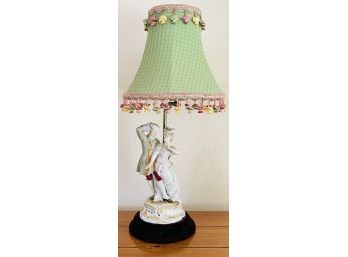 Antique Porcelain Lamp With 2 Figures On Velvet Base & Green Lampshade