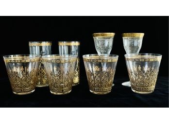 8 Pc. Vintage Gold Trimmed Glassware With 4 Rocks Glasses