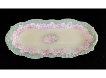 Oval German Porcelain Antique Dish With Pink Flowers & Green Edge