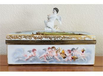 Antique 1800's Pots Chapped German Porcelain Trinket Box  With Cherub On Lid And Brass Edging