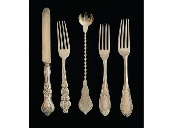 5 Pc Tested 925 Silver Assorted Antique Forks And 1 Knife 5.57 Oz.