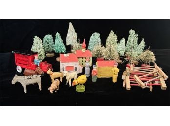 Antique Miniature Town With Buildings, Trees, Fencing And More