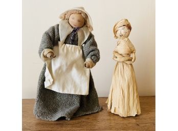 2 Primitive Antique Dolls With 1 In Gray Homespun Dress And 1 Cornhusk Doll With Painted FAce
