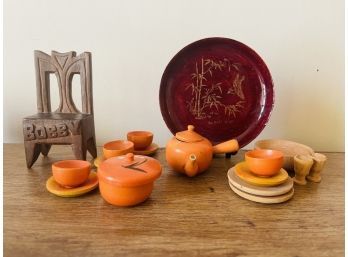 Assorted Miniature Wood Tea Set, Chair And More