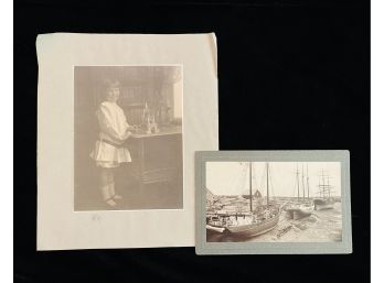 2 Antique Photographs Child With Blocks And Boats At Low Tide Nova Scotia