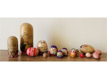 Vintage Japanese Wood Nesting Dolls With Egg