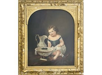 Antique Oil Painting In Ornate Gilt Frame Child With Wash Basin And Pitcher
