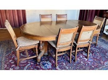 Early Victorian 1870s 44-Inch Round Pedestal Dining Table With 6 Leaves And 6 1880s Cane Seat/Back Chairs