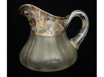 Antique Glass Pitcher With Silver Metal Cutwork Overlay