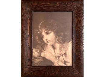 Antique Framed Print Young Woman With Pen In Black Wood Frame